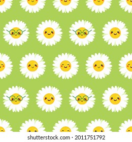 Cute green vector seamless pattern background with camomile, daisy flowers characters.