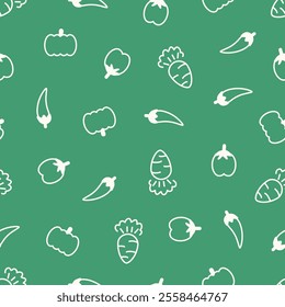 Cute green vegetable pattern. Cartoon carrots, bell peppers and pumpkins design for paper, fabric, gift wrap, packaging, interior decoration, card, paper gift, phone case.