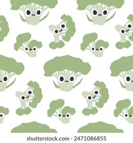 Cute green vegetables seamless pattern. Vector cartoon childich background with smiling vege characters. Broccoli on a white background.