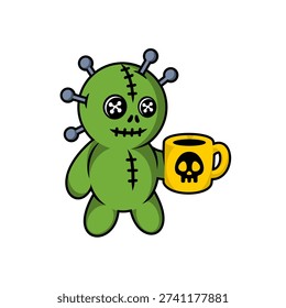 Cute Green Voodoo Doll Holding Skull Mug Cartoon Vector Illustration