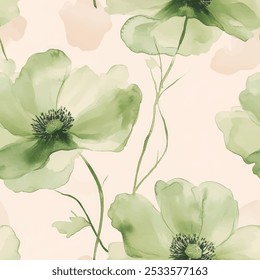 Cute green watercolor seamless floral pattern with watercolor background. Flower vector illustration. Watercolor print in rustic vintage style, textile or wallpapers.