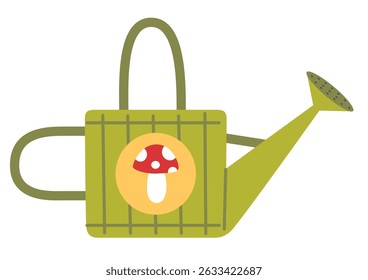 Cute green watering can with mushroom emblem and grid pattern. Garden and horticultural accessories. Trendy modern vector illustration isolated on white background, hand drawn, flat design
