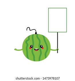 Cute green watermelon character holding empty, blank board, banner in hand.
