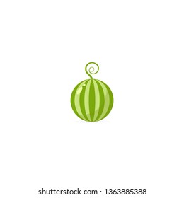 cute green watermelon with curved sprout.  Summer bright icon isolated on white.  vector flat illustration