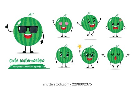 Cute green watermelon different face emotion. Watemelon activity cartoon vector illustration in flat design. 
