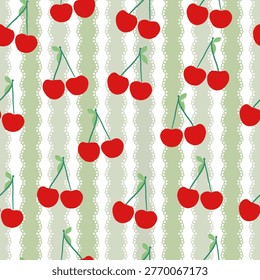 Cute green white stripe pattern cherries pattern