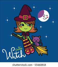 Cute green witch flying in a broom at night with her cat pet