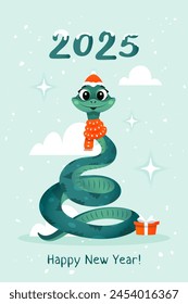 Cute green wood snake for Chinese New Year 2025. Astrology zodiac sign. Baby mascot wearing winter beanie and scarf. Holiday and christmas greeting card. Vector illustration.