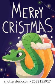 Cute green wooden snake crawling out of a mug with hot cocoa or coffee. Symbol of Chinese New Year, Christmas 2025. Vector holiday or advertising horizontal banner, greeting card.