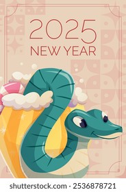 Cute green wooden snake crawling out of a mug with hot cocoa or coffee. Symbol of Chinese New Year, Christmas 2025. Vector holiday or advertising horizontal banner, greeting card.