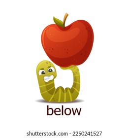 Cute Green Worm Below Red Apple Lifting It Up as English Preposition Word Vector Illustration