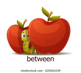 Cute Green Worm Between Red Apple as English Preposition Word Vector Illustration