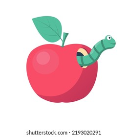 Cute green worm coming out of an apple. Smiling cartoon worm in the apple. Cartoon design. Vector illustration flat style. Isolated on white background.