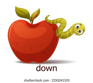 Cute Green Worm Creeping Down Red Apple as English Preposition Word Vector Illustration