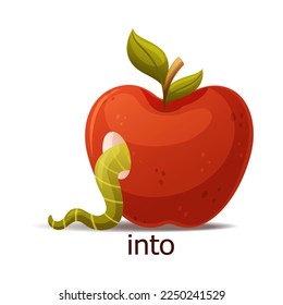 Cute Green Worm Creeping Into Hole in Red Apple as English Preposition Word Vector Illustration