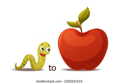 Cute Green Worm Creeping To Red Apple as English Preposition Word Vector Illustration