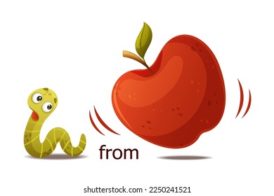 Cute Green Worm Escaping from Red Apple as English Preposition Word Vector Illustration