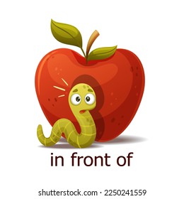 Cute Green Worm In Front of Red Apple as English Preposition Word Vector Illustration