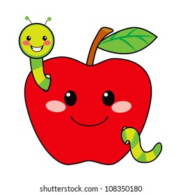 Cute green worm happy in love with sweet red apple