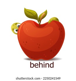 Cute Green Worm Hiding Behind Red Apple as English Preposition Word Vector Illustration