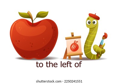 Cute Green Worm to the Left of Red Apple Drawing with Brush and Easel as English Preposition Word Vector Illustration