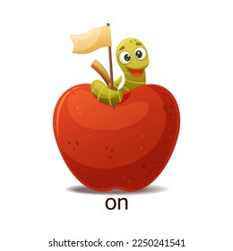 Cute Green Worm On Top of Red Apple with Flag as English Preposition Word Vector Illustration