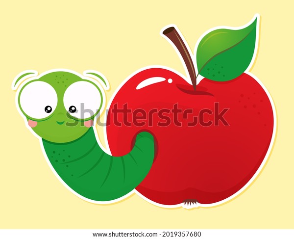 Cute green worm in red apple. Back to\
school character smart catterpillar animal illustration. Good for\
clothes, gift sets, photos or motivation posters. Preschool\
education T shirt typography\
design.