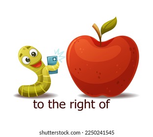 Cute Green Worm to the Right of Red Apple Taking Selfie with Smartphone as English Preposition Word Vector Illustration