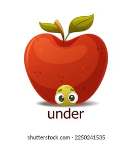 Cute Green Worm Sitting Under Red Apple as English Preposition Word Vector Illustration