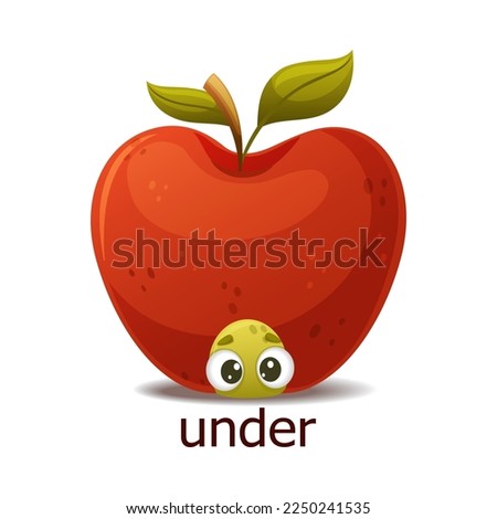 Cute Green Worm Sitting Under Red Apple as English Preposition Word Vector Illustration