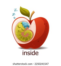 Cute Green Worm Sleeping Inside Red Apple as English Preposition Word Vector Illustration