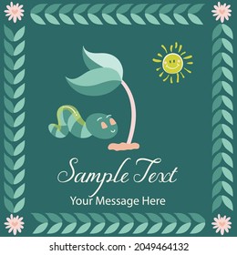 Cute Green Worm Sleeping Under a Leaf Vector Card Background