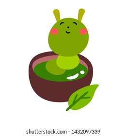 Cute Green Worm in Green Tea Cup