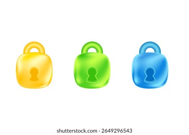 Cute green, yellow, blue 3D security padlock icon set isolated, transparent background. Glowing glass or plastic texture information protection, personal data control design element for infographic