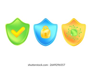 Cute green, yellow, blue 3D security shield icon set with gold padlock, check mark, AI technology 3D chip icon set, protection control design element. Glowing glass or plastic texture cyber data