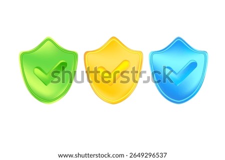 Cute green, yellow, blue 3D security shield icon with check mark isolated, transparent background. Glowing glass or plastic texture cyber data protection, safety or trust illustration