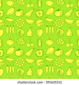 Cute green and yellow vector fruits and vegetables seamless pattern background in doodle children's style
