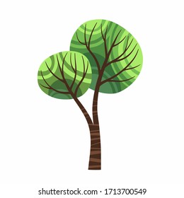 Cute green young tree isolated on white background vector. Stylized cartoon fabulous tree with a pattern, stock flat style illustration.