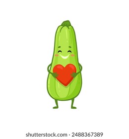Cute green zucchini character with red heart. Vegetable illustration. Cartoon zucchini in flat style. Food illustration for kids. Vector
