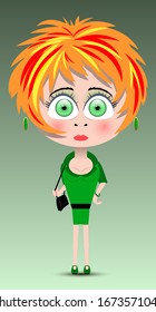 a cute green-eyed, red-haired girl with a surprised look, in a green dress, with a handbag over her shoulder on a light green background. flat design character. vector