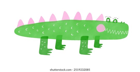 Cute Green-Pink Alligator. Happy Green Crocodile on a White Background. Nursery Art with Friendly Alligator Ideal for Kids' Room Decoration. Lovely Dinosaur. Girly Nursery Vector Print. RGB.