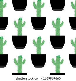 Cute greeny cactus in pot seamless pattern. Doodle botanical exotic wallpaper. Trendy design for fabric, textile print, wrapping paper, kitchen textiles. Vector illustration