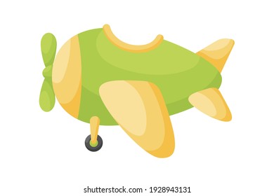 Cute green-yellow airplane on white background. Cartoon transport for kids cards, baby shower, birthday invitation, house interior. Bright colored childish vector illustration in cartoon style.