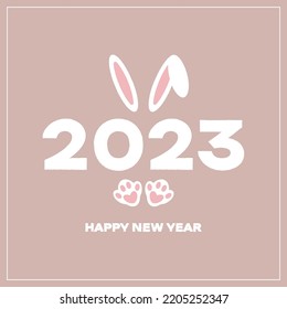 Cute greeting banner or postcard happy new year 2023. Image of rabbit ears and paws. Pencil drawing style in pastel colors.Vector illustration.