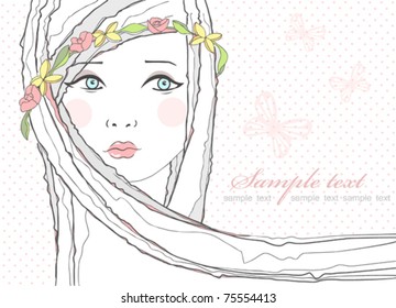 Cute greeting, birthday card or invitation with young teen girl and flowers in her hair.