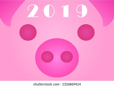 Cute greeting card for 2019 new year with  pig's face on pink background.