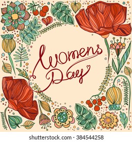 Cute greeting card for 8 march. International Women's Day. Floral frame.