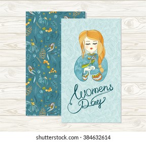 Cute greeting card for 8 march. International Women's Day. Floral pattern. Invitation card with character girl with bird