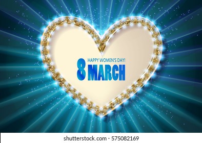 Cute greeting card for 8 march. International Women s Day. Golden heart. Vector illustration. Blue version