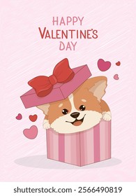 Cute greeting card with adorable corgi puppy in gift box. For Saint 14th February holiday. Flat vector illustration for card, invitation, banner, poster, flyer, label or cover